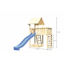 Spielturm aus Holz mit Rutsche, Leiter und Kletterwand mit Größenangaben