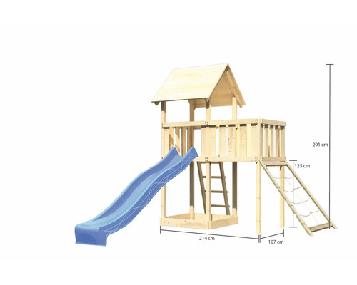Spielturm aus Holz mit Rutsche, Leiter und Kletternetz sowie Maßangaben