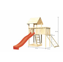 Spielturm aus Holz mit Rutsche, Leiter und Kletternetz, Abmessungen eingezeichnet