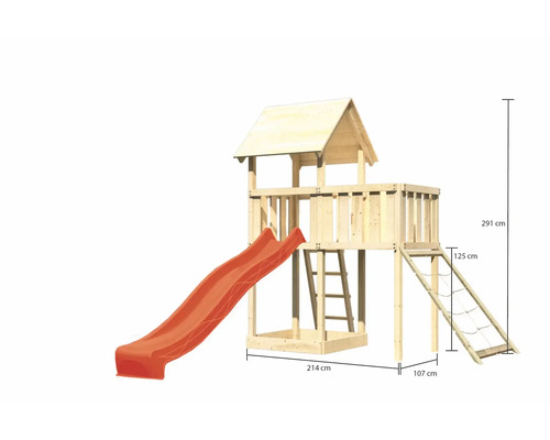 Spielturm aus Holz mit Rutsche, Leiter und Kletternetz, Abmessungen eingezeichnet