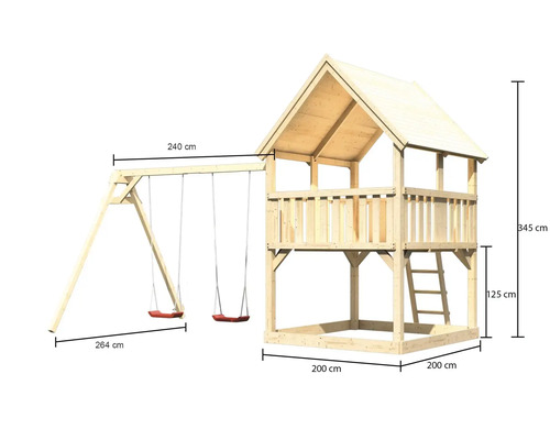 Spielturm mit Schaukel und den Maßangaben
