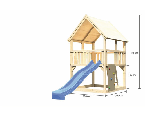 Spielturm aus Holz mit Rutsche und Kletterwand sowie Maßangaben