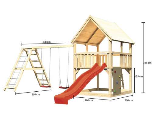 Spielplatz mit Schaukel, Rutsche, Kletterwand und Leiter
