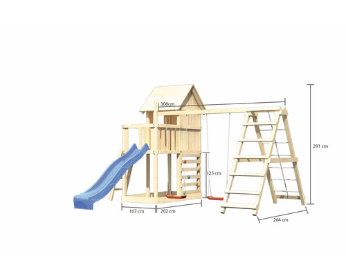 Spielturm aus Holz mit Rutsche, Schaukel und Kletterleiter