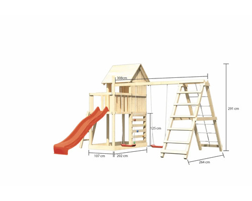 Holzspielplatz mit Rutsche, Schaukel und Kletterleiter inklusive Maßangaben