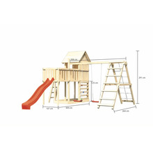 Spielturm aus Holz mit Rutsche, Schaukel und Kletterleiter mit Größenangaben.