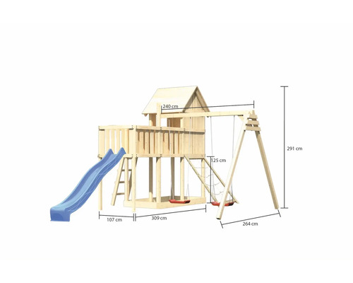 Spielturm mit Rutsche und Schaukel mit Abmessungen