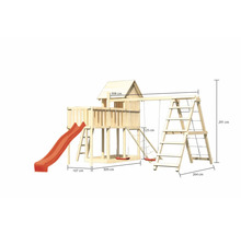 Holzspielhaus mit Rutsche, Schaukel und Klettergerüst mit Maßangaben