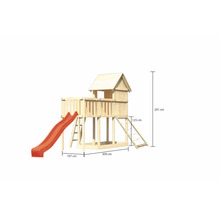 Spielturm mit Rutsche, Kletterwand und Sandkasten aus Holz mit den Massen 309 cm x 107 cm x 291 cm