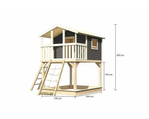 Spielhaus aus Holz mit Sandkasten und den Maßen 309 cm Höhe, 198 cm Breite und 244 cm Tiefe
