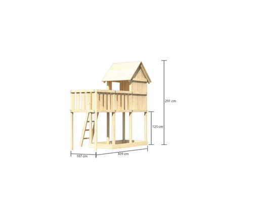 Spielturm aus Holz mit den Maßen 291 cm Höhe, 309 cm Breite und 107 cm Tiefe