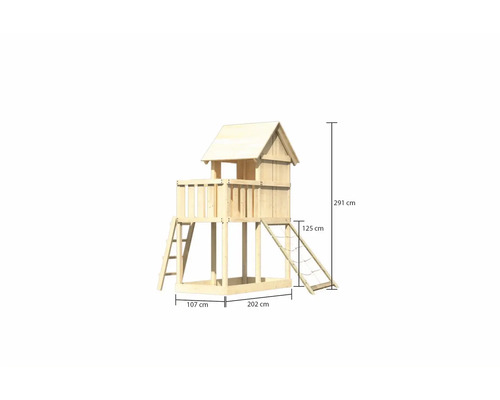 Spielturm aus Holz mit Leiter und Kletternetz, 291 cm hoch
