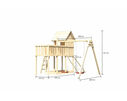 Spielturm aus Holz mit Schaukel und den Maßangaben.
