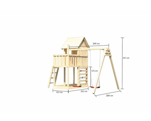 Spielhaus mit Schaukel aus Holz mit Maßangaben