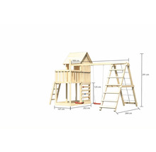 Holzspielhaus mit Schaukel und Leiter mit Maßangaben