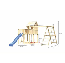 Spielturm aus Holz mit Rutsche, Leiter und Schaukel mit Maßangaben