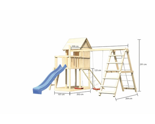 Holzspielturm mit Rutsche, Schaukel und Leiter mit den Maßen 308 cm mal 107 cm mal 202 cm mal 264 cm mal 291 cm mal 125 cm