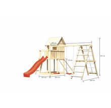Spielturm aus Holz mit Rutsche, Schaukel und Kletterleiter, inklusive Maßangaben