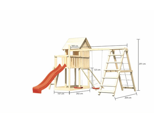 Spielturm aus Holz mit Rutsche, Schaukel und Kletterleiter, inklusive Maßangaben