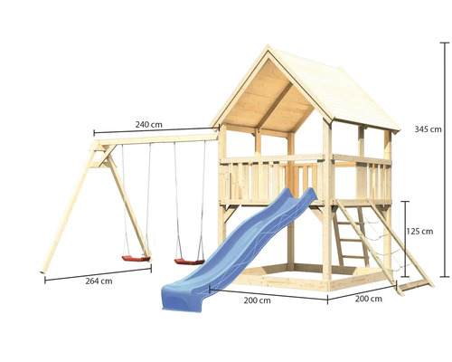 Spielturm aus Holz mit Schaukel, Rutsche und Abmessungen