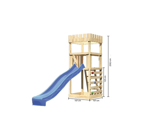 Spielturm aus Holz mit Rutsche und Kletterwand mit Maßangaben