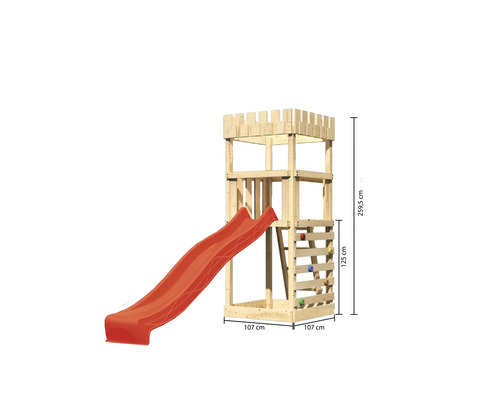 Spielturm aus Holz mit Rutsche und Kletterwand mit Maßangaben