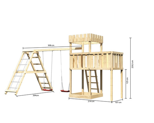 Spielturm mit Schaukel und Leiter mit Abmessungen