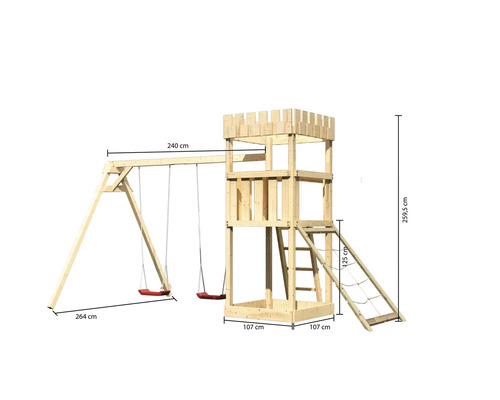Spielturm mit Schaukel und Leiter aus Holz mit Maßangaben