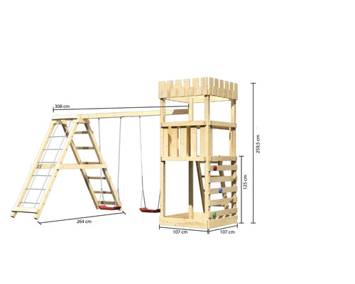 Spielturm mit Schaukel und Kletterwand aus Holz mit Maßangaben