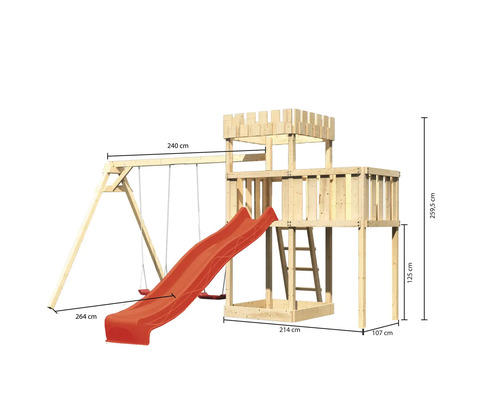 Spielturm mit Schaukel und Rutsche mit Maßangaben