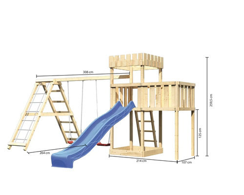Spielturm aus Holz mit Schaukel, Rutsche und Kletterleiter mit Maßangaben