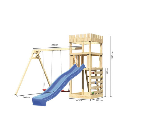 Spielturm aus Holz mit Schaukel und Rutsche mit Maßangaben
