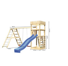 Spielturm aus Holz mit Schaukel, Rutsche und Kletterwand mit Maßangaben