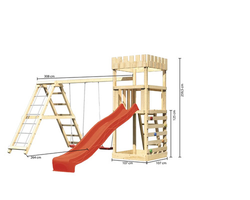 Spielturm aus Holz mit Rutsche, Schaukel und Kletterwand mit Maßangaben