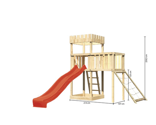 Spielturm aus Holz mit Rutsche und Kletternetz, Maße: 214 cm x 107 cm x 259,5 cm