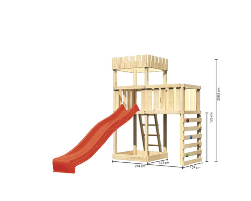 Spielturm aus Holz mit Rutsche, Leiter und Kletterwand mit Maßangaben