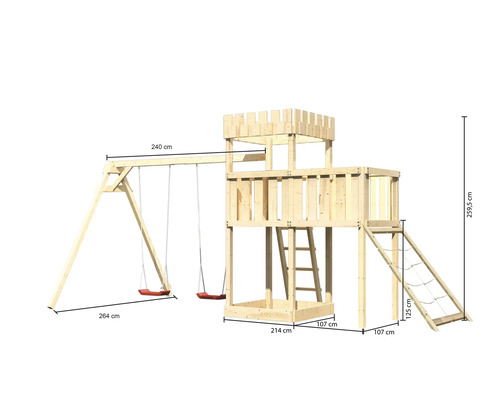 Spielturm mit Schaukel aus Holz