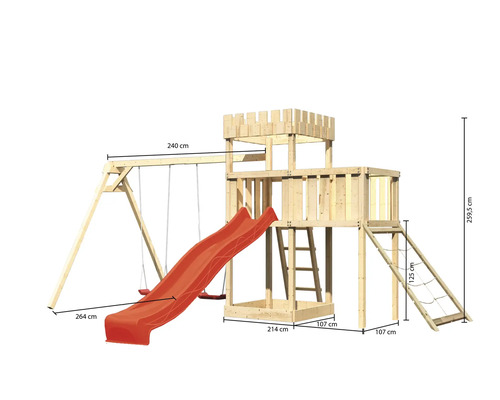 Spielturm mit Schaukel, Rutsche, Leiter und Kletternetz aus Holz