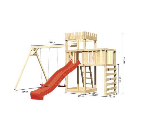Spielturm mit Schaukel, Rutsche, Kletterwand und Leiter mit Größenangaben