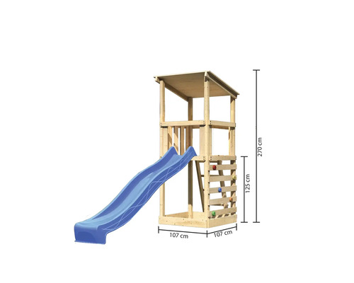 Spielturm aus Holz mit blauer Rutsche und Abmessungen
