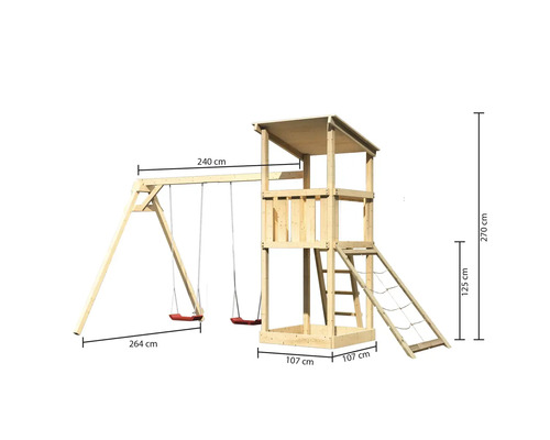 Spielturm mit Schaukel und Leiter, Abmessungen sind dargestellt
