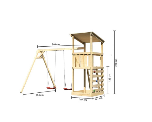 Spielturm aus Holz mit Schaukel und Kletterwand mit Maßangaben