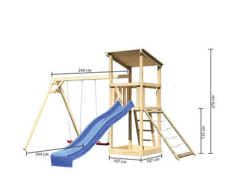 Spielturm mit Schaukel, Rutsche, Leiter und Sandkasten mit Größenangaben