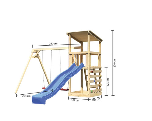 Spielturm mit Schaukel und Rutsche aus Holz