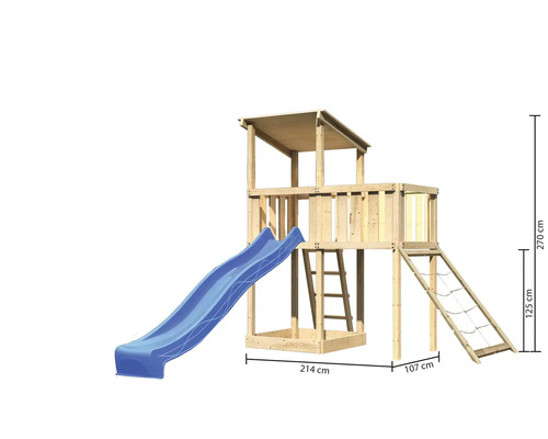 Spielturm aus Holz mit Rutsche, Leiter und Kletternetz mit den Maßen 214 cm, 107 cm, 125 cm und 270 cm