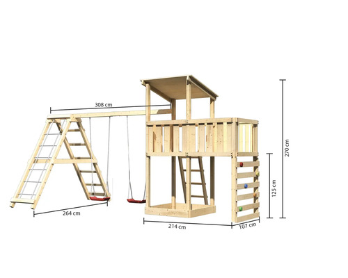 Spielturm mit Schaukel, Kletterwand und Sandkasten aus Holz mit Maßangaben