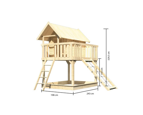 Spielhaus aus Holz mit Sandkasten, Leiter und Kletternetz mit den Maßen 198 cm x 243 cm x 329,5 cm