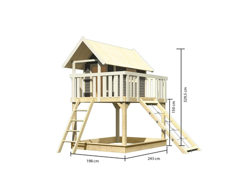 Spielhaus aus Holz mit Sandkasten und Maßen 198 cm x 243 cm x 329,5 cm