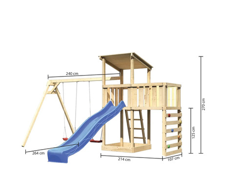 Spielturm aus Holz mit Schaukel, Rutsche und Kletterwand mit Maßangaben