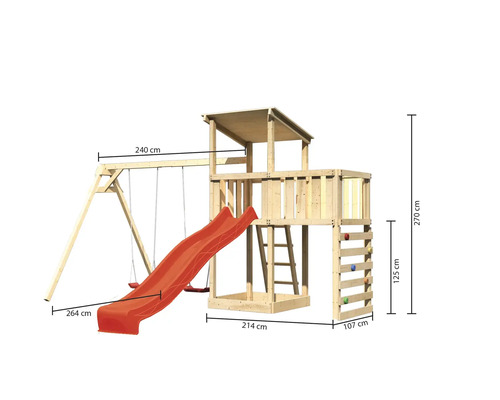 Spielturm aus Holz mit Schaukel, Rutsche, Kletterwand und den Maßangaben